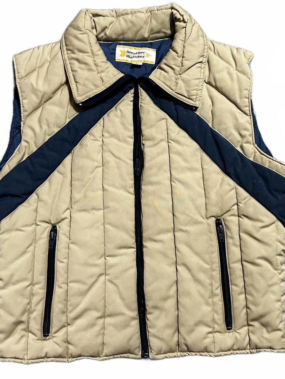 Vintage Weather Watch Retro 70s Tan and Navy  Puffer Down Vest Size L